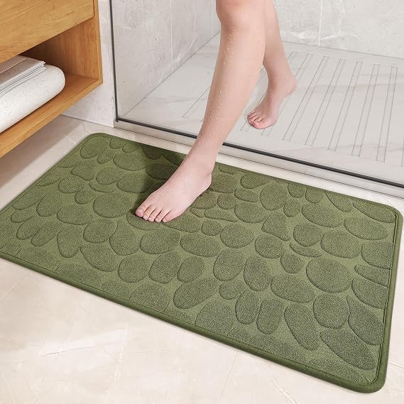 Color&Geometry Quick Dry Thin Bathroom Rugs Fit Under Door- Super Absorbent, Non Slip Rubber Backing, Non Shedding, Washable Green Bath Mat- 16"x24" Small Bathmat for Washroom Floor
