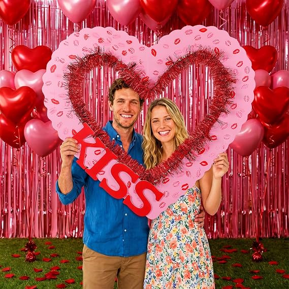 AceOrbit Large 28x25 Inch Valentine's Day Photo Booth Props Set Galentines Romantic Love Frame with DIY Decorations for Valentine's Day Galentines Wedding Party Favors Decorations