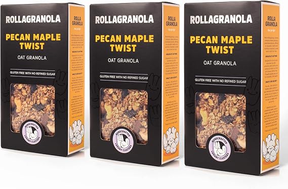 Rollagranola - Pecan Maple Twist Oat Granola - 3 x 400g Pack. 100% Natural, Made With Gluten Free Oats. Suitable For A Vegetarian Diet With No Added Sugar. Handcrafted In The UK - 400g Pack of 3