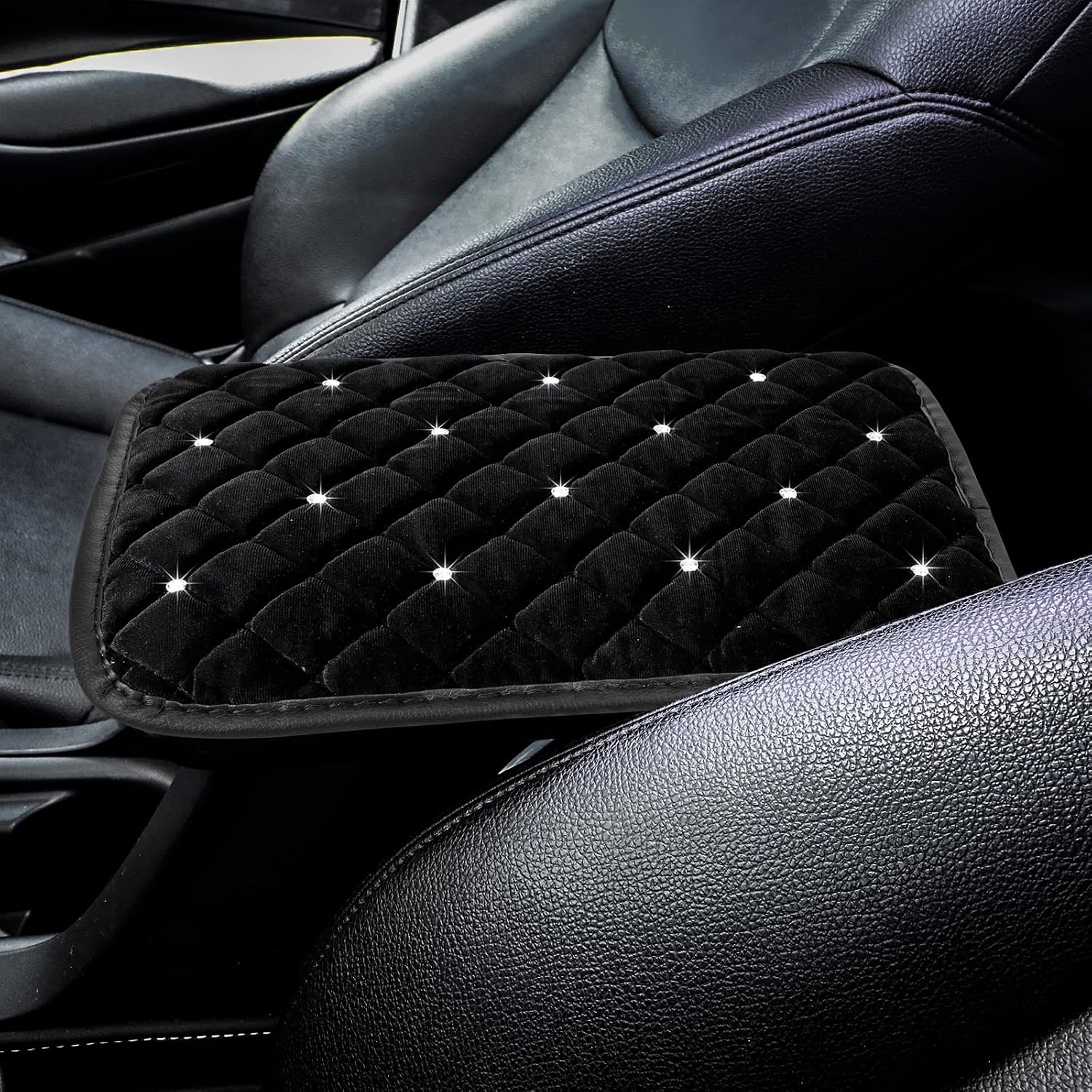 Frienda Furry Armrest Cover Bling Diamond Auto Center Armrest Cover Car Soft Console Pad, Real Sheepskin Wool Soft Fluffy Auto Center Console Cover for Most Car Decoration ProtectorBlack