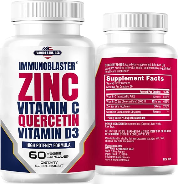 Zinc Quercetin Vitamin C 800 mg with Vitamin D3 Antioxidant Immune Support High Potency Quercetin Zinc Supplement for Men and Women - Gluten, Soy, Dairy Free - 60 Count (Pack of 1)