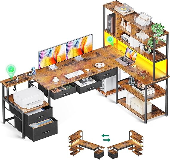 AODK 79 inch L Shaped Desk with 5 Drawers, LED Light & 2 Power Outlets | Reversible Vintage L Shaped Gaming Desk, Computer Desk with Storage Shelves for Home Office