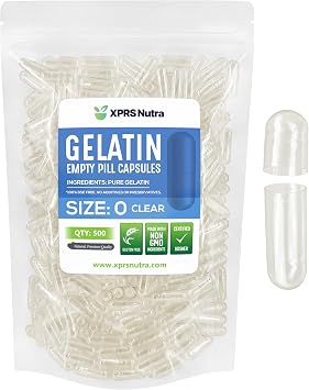 XPRS Nutra Size 0 Empty Capsules - 500 Count Clear Empty Gelatin Capsules - Pills for DIY Capsule Filling - Fillable Pure Bovine Pill Gel Caps for Do-It-Yourself Supplements
