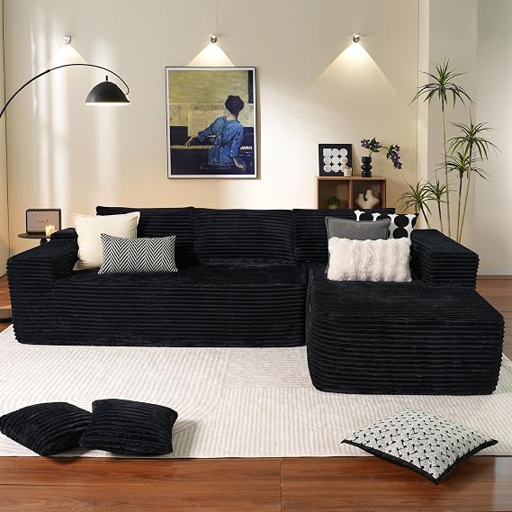 ovios 104" Cloud Boneless Couch with L-Shape Chaise,Modern Sectional Modular Sofa with Deep Seat, Upholstered Couches for Living Room Bedroom,No Assembly Required, Black (Plush Corduroy Fabric)