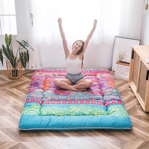 MAXYOYO Bohemian Futon Floor Mattress Boho Floral Style Japanese Tatami Mat Foldable Mattress Portable Camping Sleeping Pad Lounger Couch, Queen