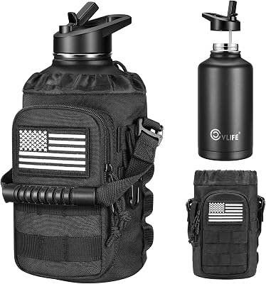 CVLIFE Half Gallon Water Bottle with Straw, 64 oz Insulated Stainless Steel Water Jug, Battle Sports Bottle with Bottle Pouch, Durable Handle, Removable Sleeve for Gym, Hiking, Camping Black 2 Liter