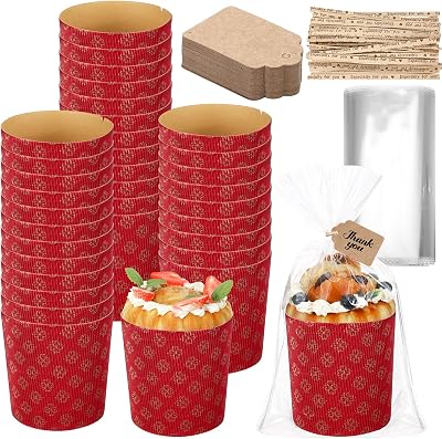 Skylety 50 Sets 12oz Valentines Day Corrugated Panettone Paper Mold Sets Disposable Paper Bread Molds Baking Cake Pan with Clear Plastic Bags and Ties for Bread Cake Bakery