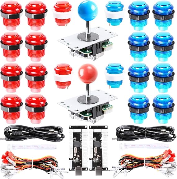 LED Arcade DIY Parts 2x Zero Delay USB Encoder + 2x 8 Way Joystick + 20x LED Illuminated Push Buttons for Mame Jamma Arcade Project Red + Blue Kits