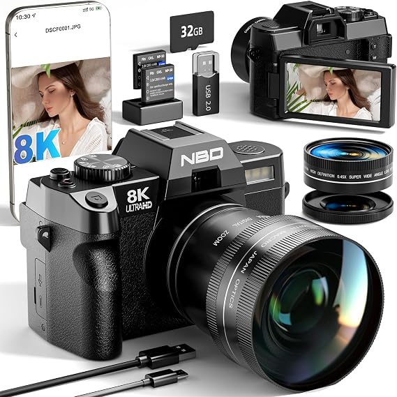 NBD 8K Digital Cameras for Photography,64MP Camara Fotograficas,Travel Vlogging Cameras for YouTube with 180Flip Screen,16X Digital Zoom,2 Batteries,32GB TF Card,52mm Macro Lens (Black)
