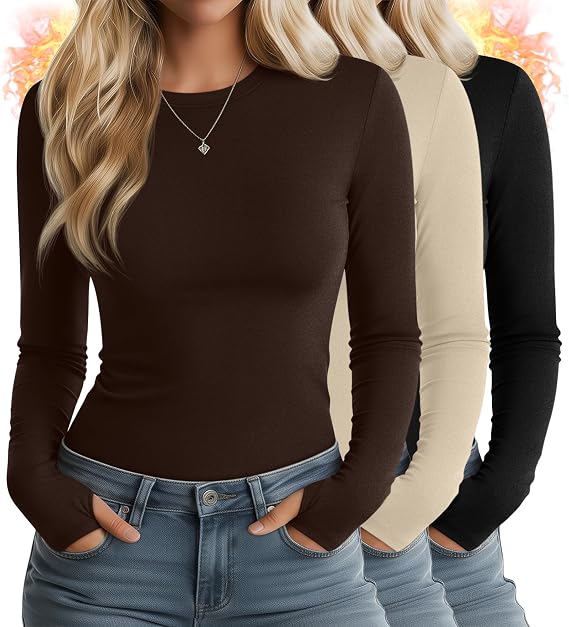 Huukeay 3 Pack Women's Long Sleeve Thermal Shirts | with Thumb Holes, Slim Fit, Soft Fleece Layer, Casual Basic Tops, Work Daily Lounge T Shirts, Fall, Winter, Warm
