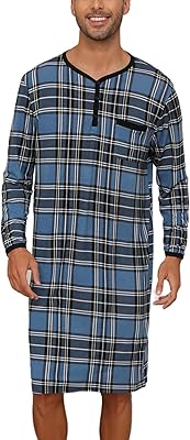 Mens Plaid Long Sleeve Nightshirt Knee-Length Sleepwear with Chest Pocket Sleepwear