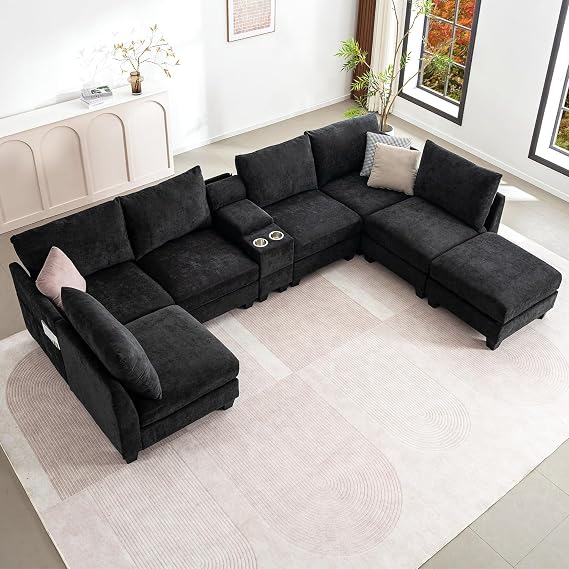 124" U Shaped 7 Seater Sectional Couch with Cup Holders