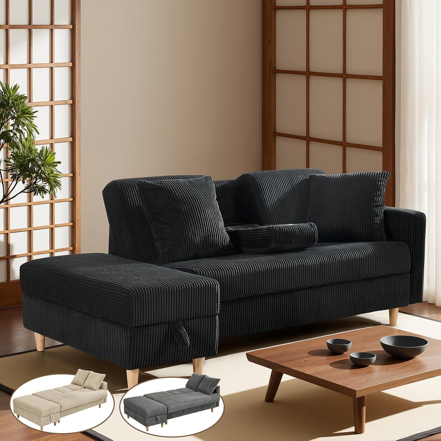 Sofa, 3 Seater Couch, L-Shaped Sofa, Storage Included, Large Capacity, Sofa Bed, Living Alone, Multifunctional, 3 Seater Sofa, Corduroy Fabric, Armrests, Ottoman Included, Wooden Legs, Stylish, 2 Sofa Cushions, Living Sofa Black