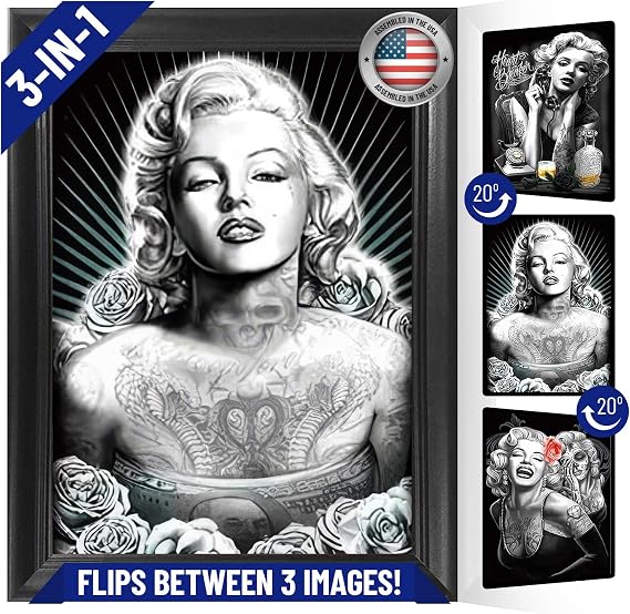 Marilyn Skull Party (Tattoo) 3D Poster Wall Art Decor Framed Print | 14.5x18.5 | Marilyn Tattoo Heart Breaker Monroe Day of the Dead Lenticular Posters & Pictures | Memorabilia Gifts for Guys & Girls