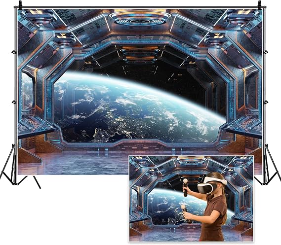 5x3ft Spaceship Interior Backdrop Planets Spacecraft Cabin Planet Futuristic Universe Galaxy Photography Background Birthday Party Space Expeditions Studio Photo Props Polyester