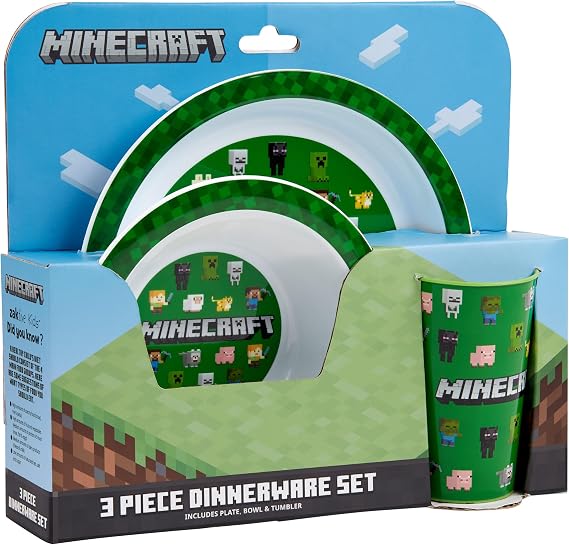 Minecraft 3 Piece Dinner Set with one dinner plate, Soup bowl & Tumbler BPA-free & Reusable Plastic Dinner Set and Dishwasher Safe for fan & Collector Officially Merchandise