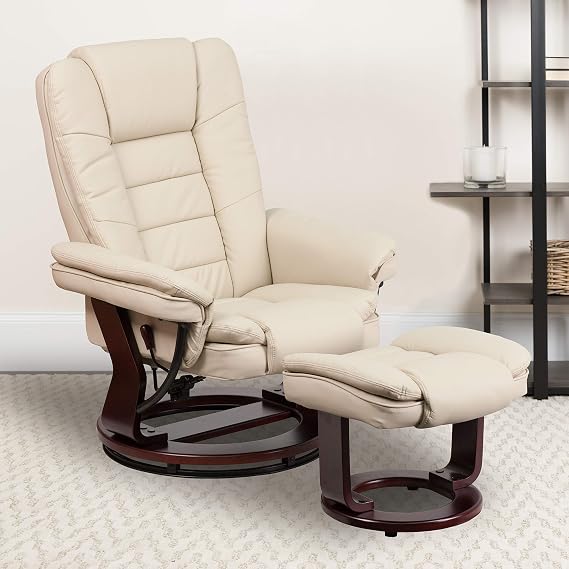 EMMA + OLIVER Beige Faux Leather Recliner with Ottoman
