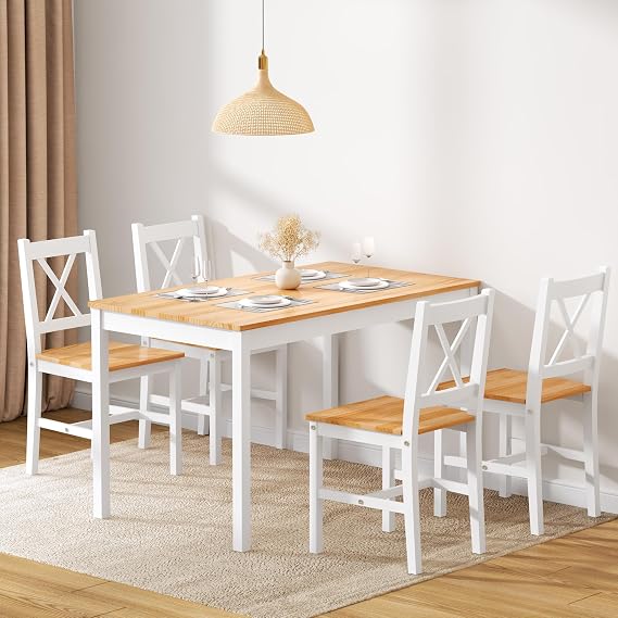 sogesfurniture 42.5" 4-Person Dining Table Set, 5 Pieces Pine Wood Kitchen Table with 4 Chairs,Indoor Modern Rectangular Dining Table Furniture Set for Kitchen, Dining Room, Dinette, Breakfast Nook