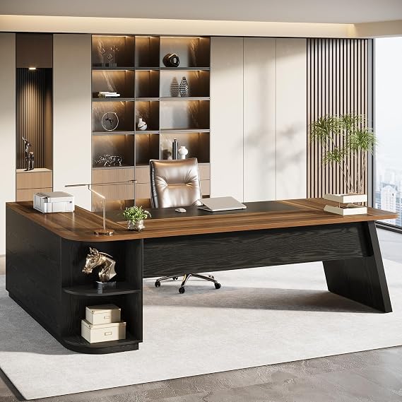 Tribesigns 79" Executive Desk, Large Office Desk with Cabinet, L-Shaped | Executive Office Desk with Storage Shelves, L-Shaped Computer Desk, Writing Table for Home Office, Brown and Black