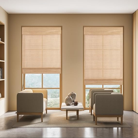 Blackout No Drill Roman Shades, Custom Cordless Bamboo Window Shades Window Blinds, Natural 100% Bamboo Shades for Windows, French Doors, Small Windows, Color 21