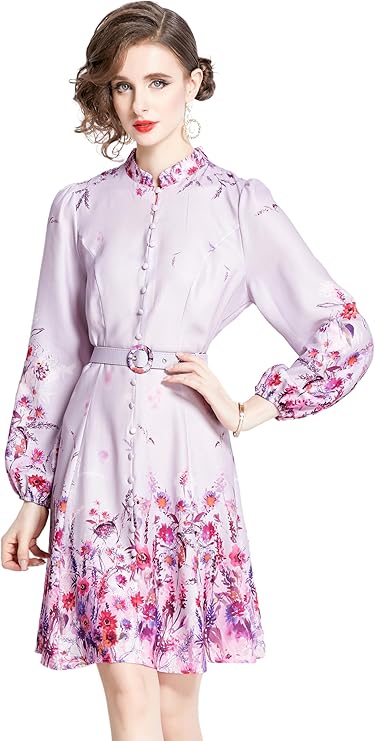 LAI MENG FIVE CATS Women's Mini Dress Long Sleeve Lapel Collar Floral Print Casual Belted Dresses