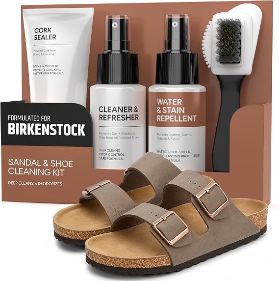 FORTIVO 4-in-1 Sandal and Shoe Cleaning Kit for Birkenstock Premium Care Kit Safe for Leather, Suede, Nubuck & Cork - Includes Sealer, Protector Spray, Cleaner & Brush