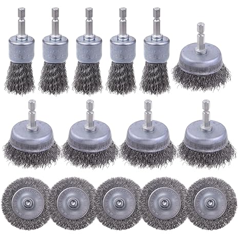 15 Pack Carbon Steel Wire Wheel Brush, Rocaris Cup Brush, Pen Brush Set