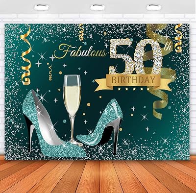 Sensfun Teal Gold Happy 50th Birthday Backdrop Glitter Silver Dots High Heels Champagne Glass Photography Background for Women Fabulous 50 Birthday Party Decorations Banner Photo Backdrops 7x5ft
