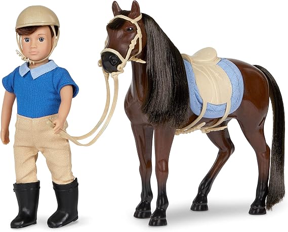 Lori Brian & Barnaby Mini Doll and Horse Playset, 6-Inch Riding Toy, Dolls | Brian & Barnaby with 6-inch boy doll, 6-inch dark bay thoroughbred horse, riding outfit, saddle, saddle pad, bridle, 3+ Years