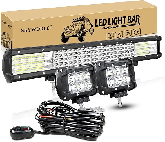 SKYWORLD Quad Row 20 inch 510W LED Light Bar IP67 Waterproof Off Road Led Bar Flood Spot Combo Beam for Truck ATV 4x4 + 2 x 18W 4 inch Spot LED Pods Work Light with Wiring Harness Kit