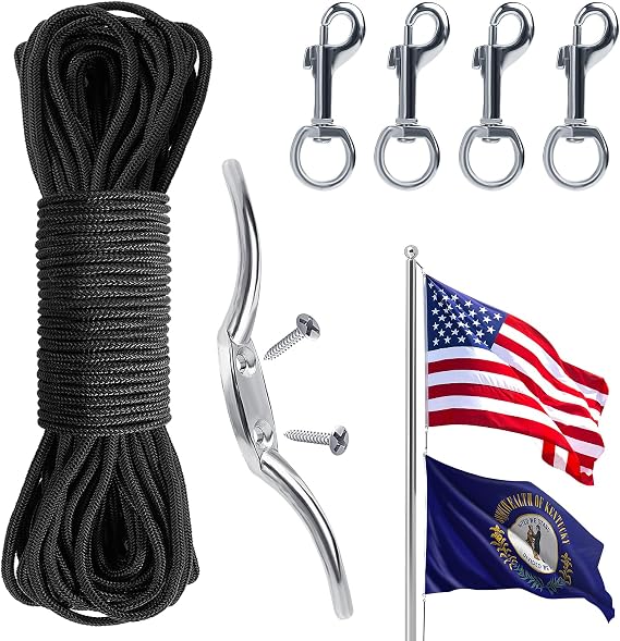 PAMASE 100 FT Flag Pole Rope Kit with Clips, Black | Flag Rope Halyard & 4 Pcs Swivel Snap Hooks & Cleat Hook, Fits Flagpoles Up to 25 FT, Repair Replacement Accessories