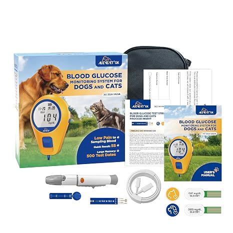 Pet Blood Glucose Monitor for Dogs & Cats, Diabetes Testing Kit with 50 Test Strips, 50 Lancets, Lancing Device, Soft Carrying Case,Accurate Home Pet Blood Glucose Monitoring System 500 Memory