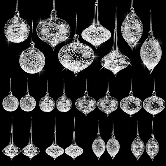 Uiifan 16 Pack Clear Glass Christmas Ornaments Balls Bulk Blown Glass Christmas Tree Ornaments Assorted Size Iridescent Decoration Balls Gorgeous Xmas Tree Home Decoration