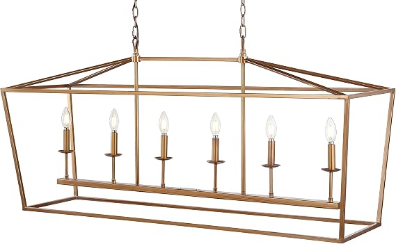 JONATHAN Y 49" Antique Gold Lantern Pendant Light, 6-Light Pagoda Style Metal Cage Farmhouse Hanging Ceiling Fixture for Kitchen Island, LED Bulb Included (JYL7439B)