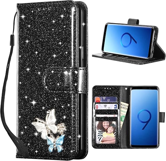 UEEBAI Wallet Case for Samsung Galaxy S9 Glitter PU Leather with Card Slots and Kickstand Magnetic Closure Shockproof Case with Wrist Strap - Black