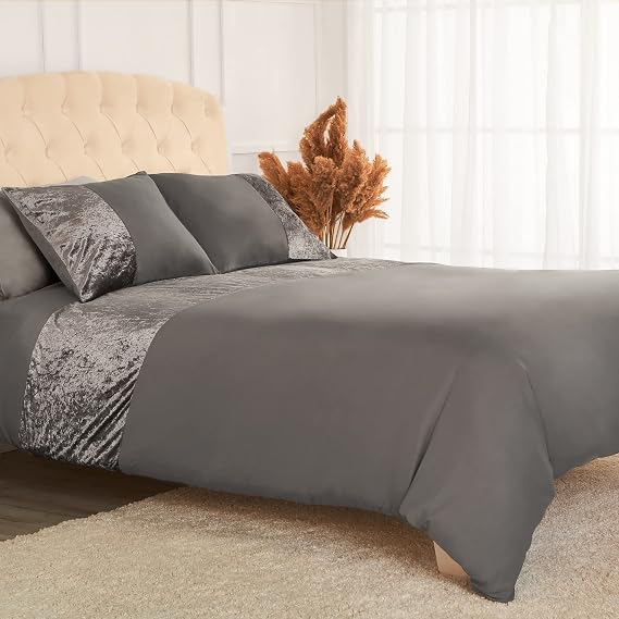 Mellanni Duvet Cover Set - Soft & Cooling Microfiber - Wrinkle, Fade, and Stain Resistant - Button Closure and Corner Ties - Velvet Stripe (Twin, Gray)