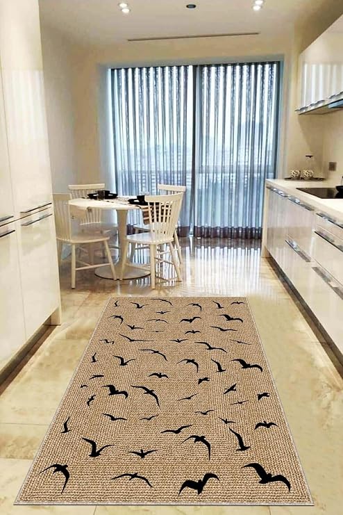 Viva Home Hasır Görünümlü Leke Tutmaz Kaymaz Tabanlı Yıkanabilir Mutfak Halısı Ar1050, Kuşlu, 80 X 180