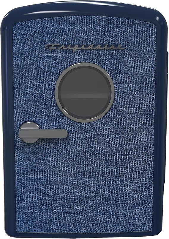 Frigidaire Mini Personal Fridge Cooler, 1 Gal Capacity fits 9 Cans, Includes Plugs for Home Outlet & DC Charger - 9.84" D x 7.09" W x 10.35" H, Indigo Denim Fabric Door