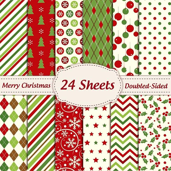 Whaline 24 Sheets Christmas Pattern Paper Snowflake Stripe Scrapbook Specialty Paper Double Sided Red Green Craft Papers for Xmas DIY Card Making Photo Album Decor, 6 x 6 Inch