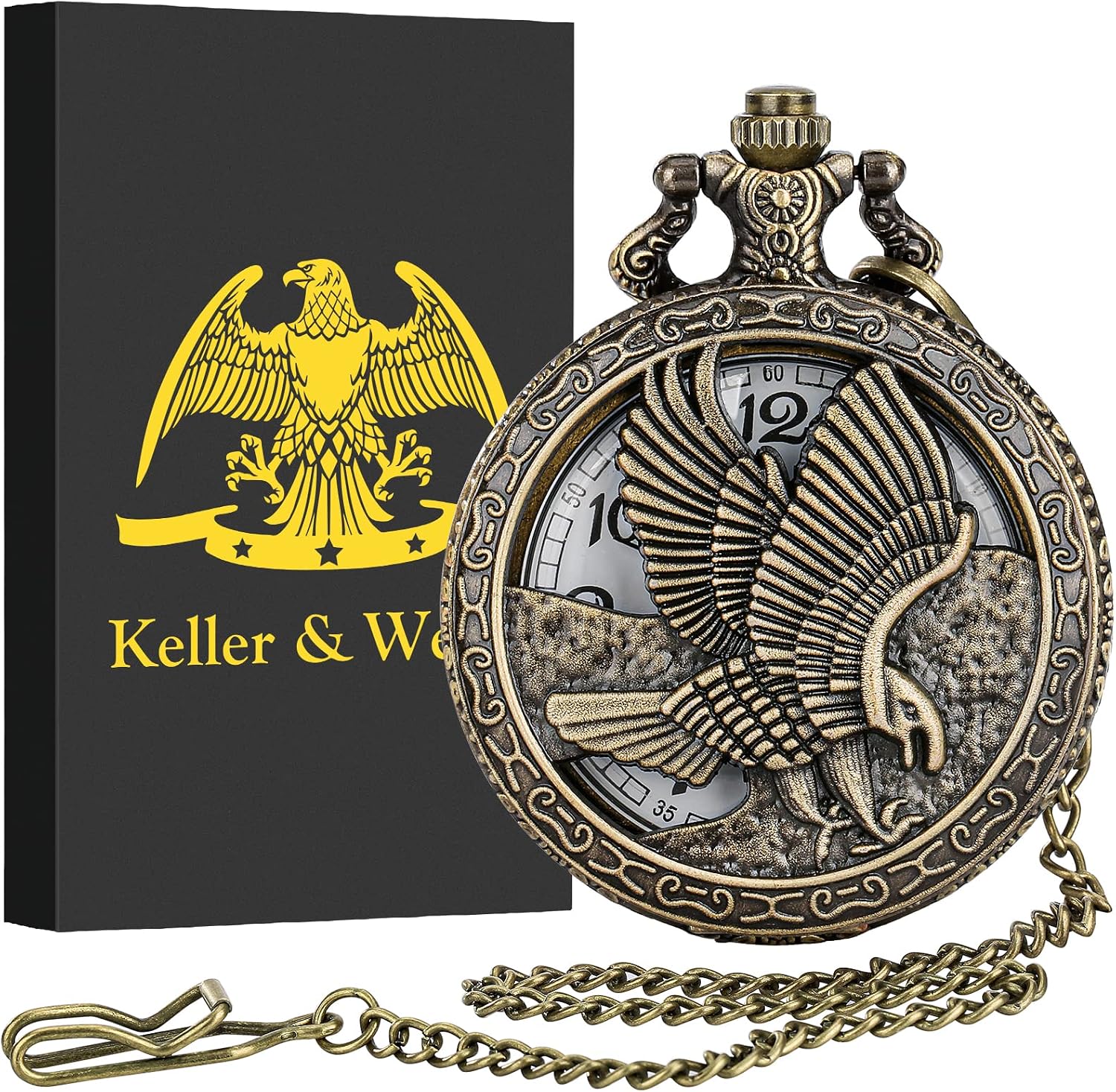 Keller & Weber Vintage Pocket Watches for Men, Quartz FOB Pocket Watch with Chain, Gifts for Men, Valentines Gifts, Birthday Christmas Gifts, Gift Box and Card