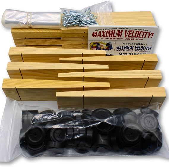 Maximum Velocity! Wedge Derby Car Kits | Bulk 12-Pack Pinewood Car Kits | Includes 12 wedge pine blocks, Maximum Velocity! wheels, and axles. Bulk pack for scout groups and DIY derby racing.