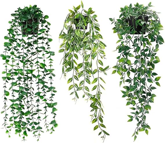 Lafecuw Artificial Hanging Plant, 3 Pack Fake Hanging Plants with Pot, Greenery Faux Fake Ivy Decor, Fake Ivy Potted Plants for Indoor Outdoor Home Decor Wall Room Patio Office Table Shelf