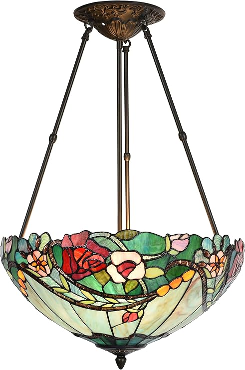 Bieye L10741 Rose Flower Tiffany Style Stained Glass Ceiling Pendant Light with 18-inch Wide Lampshade, 3 Lights