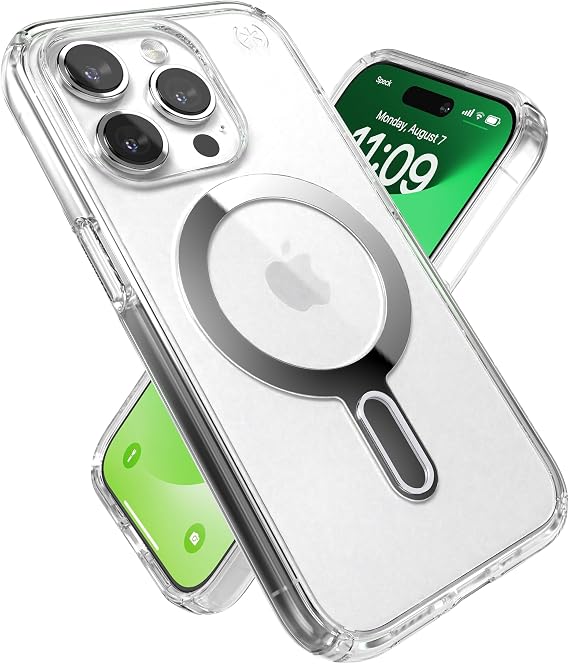 Speck Clear iPhone 15 Pro Case - ClickLock No-Slip Interlock, Built for MagSafe, Drop Protection - Scratch Resistant, Anti-Yellowing, 6.1 Inch Phone Case - Presidio Clear/Chrome