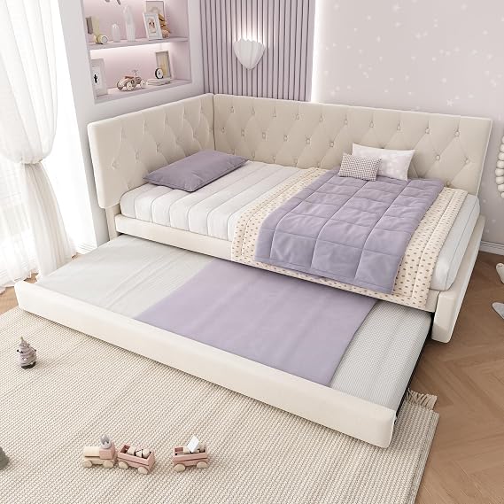 Su & Chan Legence Single Day Bed with Pull Out Trundle, 3ft Upholstered Trundle Bed with Slatted Frame, L Shaped Corner Sofa Bed for Adults and Kids, No Mattress, 90x190cm, Velvet, Beige