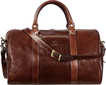Time Resistance Full Grain Leather Small Duffel Bag - Gym Weekender Overnight Bag Brown