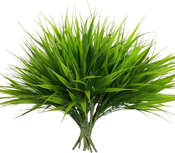 alyptus Artificial Grass Outdoor 12 Bundles Fake Plants Outside Green Onion Faux Greenery Shrubs for Front Porch Planters Pot Decor for Outdoors (Grass)