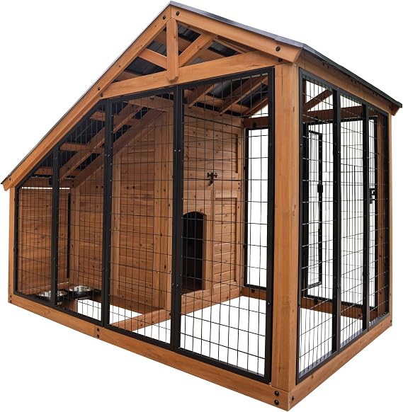 Backyard Discovery 7' x 5' Waggin' Retreat Cedar Wood Large Dog Kennel with Galvanized Steel Roof, Feeding Door, Doghouse Back Door, Water and Food Tray, Secure Lock Gate for Safe Outdoor Pet Shelter
