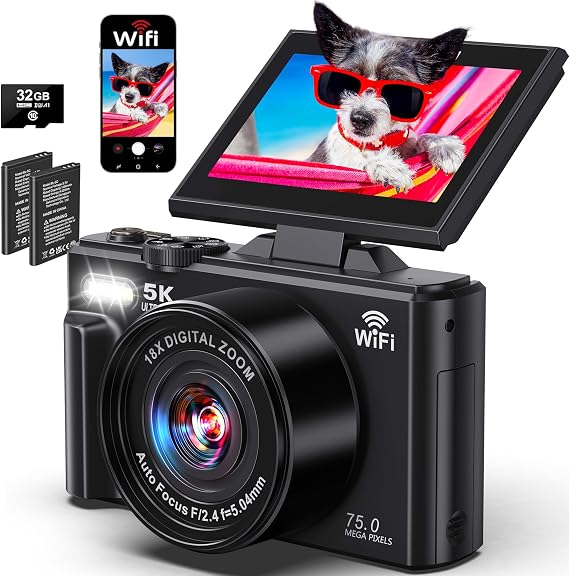 Fotoğrafçılık için 5K Dijital Kamera - YouTube için WiFi 75MP Vlog Kameraları - UHD Otomatik Odaklama Video Kamera 3 inç 180 ° Çevirmeli Ekran 18X Zoom - 32GB SD Kartlı Kompakt Vlog Travel Camara, 2