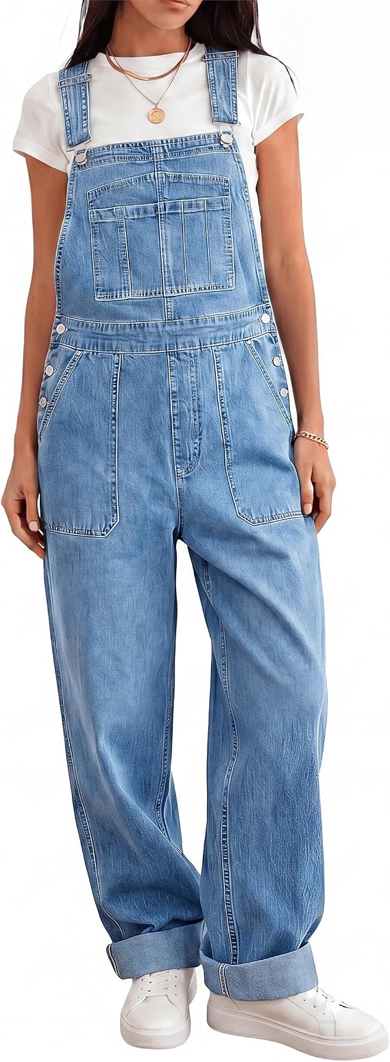 Denim Overalls for Women Straight Leg Adjustable Strap Jean Bib Overalls Casual Stretch Denim Jumpsuit with Pockets